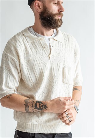 VINTAGE 70S ROUND NECK POLO TOP IN CREAM WHITE