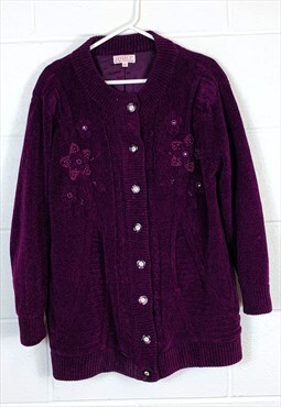 Vintage Knitted Cardigan Purple Flower Patterned