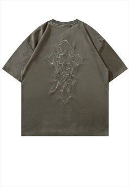Cross patch velvet t-shirt Y2K embroidered tee in grey