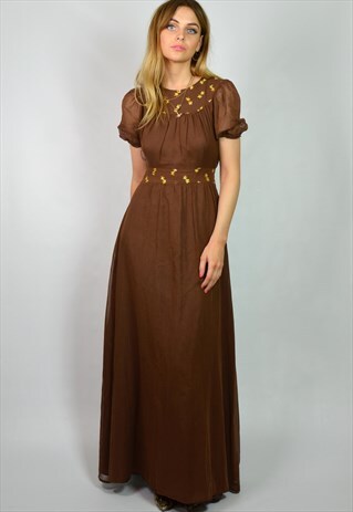 VINTAGE 70S BROWN HIPPY BOHEMIAN MAXI FESTIVAL DRESS
