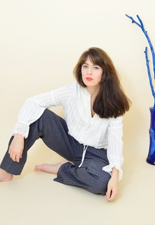 VINTAGE 90S GREY STRIPED WOOL TAPERED TROUSERS