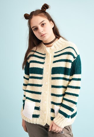 80'S RETRO CHUNKY STRIPED HANDKNIT CARDIGAN
