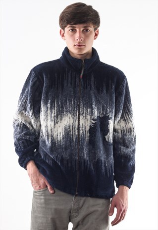 VINTAGE HORSE GRAPHIC PRINTED FULL ZIP JACKET 90S BLUE WHITE