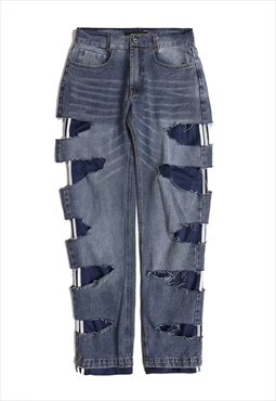 Reworked denim joggers two layer rip track pants jeans blue