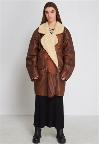 VINTAGE BROWN LEATHER SHEARLING WINTER COAT