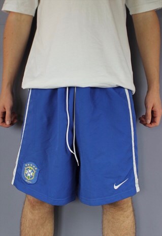 VINTAGE NIKE BRAZIL SHORTS IN BLUE WITH EMBROIDERED LOGO AND
