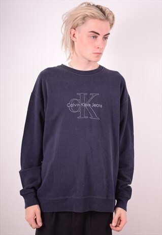 CALVIN KLEIN MENS VINTAGE SWEATSHIRT JUMPER LARGE BLUE 90S