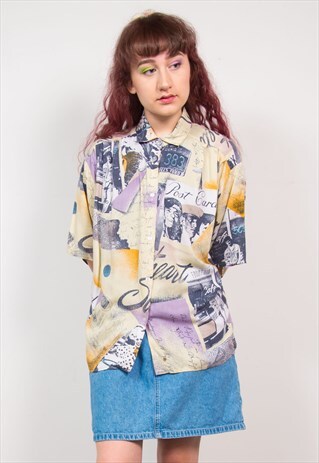 VINTAGE 90'S MULTICOLOUR POSTCARD PRINT SHORT SLEEVE SHIRT