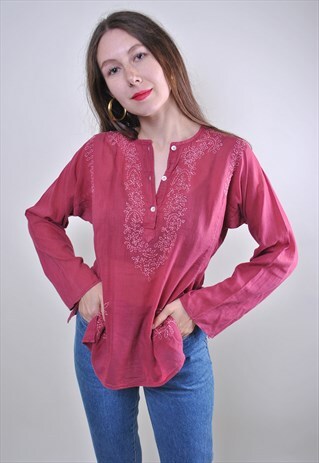 VINTAGE BOHO WOMAN HIPPIE ETHNO FLOWERS EMBROIDERY BLOUSE