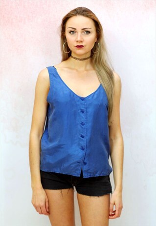 1980S VINTAGE PURE SILK BLUE BUTTON UP VEST TOP
