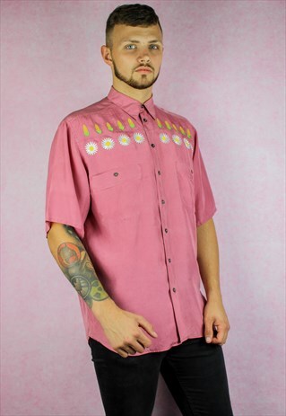 DAISY & CORN EMBROIDERED PINK VINTAGE SILK SHIRT