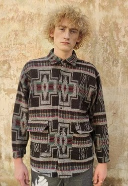 Aztec print thick shirt loose retro geometric jacket brown 