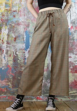 Cropped Drawstring Trousers in Pale Beige Check 