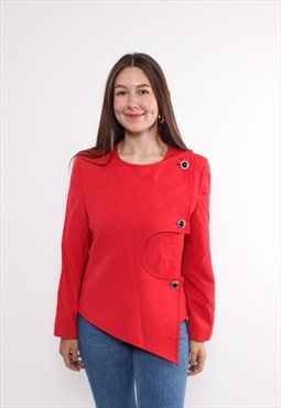 90s asymmetrical wool blazer in red, vintage button detail 