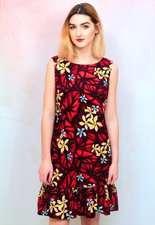 1990S VINTAGE RED TROPICAL HAWAIIAN MINI SHIFT DRESS