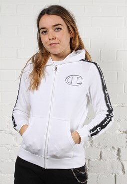 Vintage Champion Hoodie in White with Logos Small