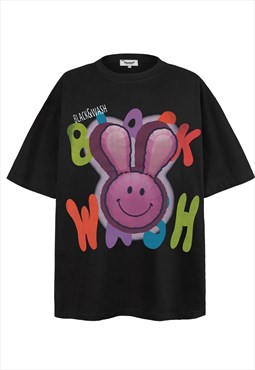 Bunny print t-shirt Y2K rabbit graffiti tee anime top black 