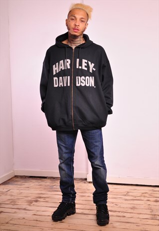 VINTAGE HARLEY-DAVIDSON RETRO SPELLOUT ZIP UP BLACK HOODIE