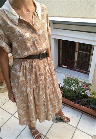 VINTAGE 90S MAXI BUTTON UP FLORAL TEA DRESS IN BEIGE