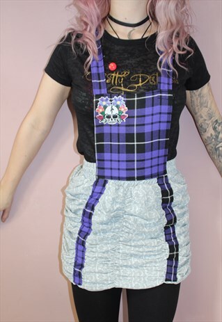 PRETTY DISTURBIA PURPLE GREY TARTAN PINAFORE SKIRT