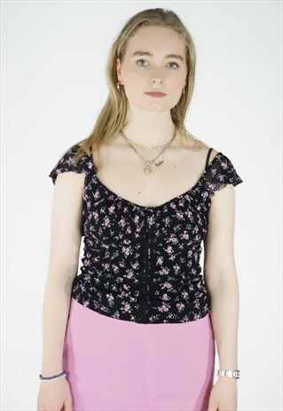 VINTAGE 90S Y2K 00S DITSY FLORAL BARDOT PEASANT TOP