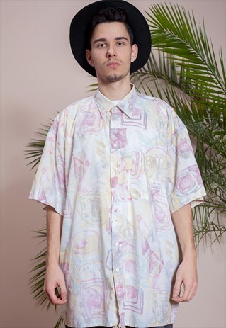 MENS VINTAGE SHORT SLEEVE, ABSTRACT PRINT, BUTTON UP SHIRT