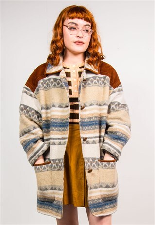 VINTAGE 90'S BROWN AZTEC PATTERN KNIT OVERSIZED COAT
