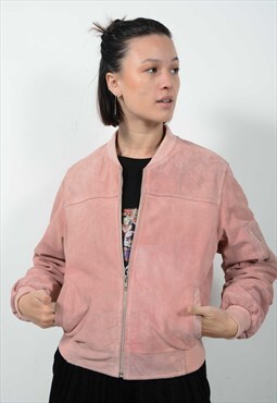 Vintage 90s Pink Sude Bomber Jacket in Pink Size S