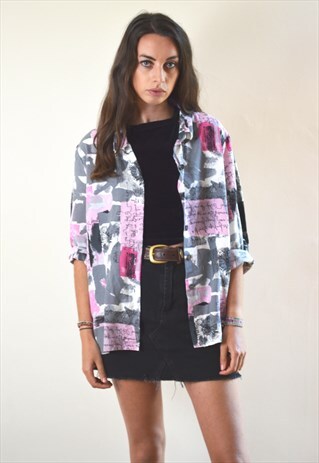 90S VINTAGE ABSTRACT PINK & GREY PRINTED FESTIVAL SHIRT