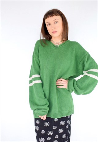 ORIGINAL 90S GREEN KNITTED JUMPER WITH ARM STRIPES - L