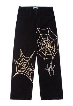 Spider web jeans Gothic patch denim pants in black