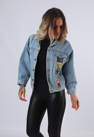 DENIM JACKET FITTED EMBROIDERED VINTAGE UK 8 (EADH)
