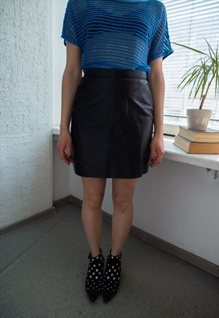 VINTAGE 80'S BLACK LEATHER MINI HIGH WAISTED SKIRT
