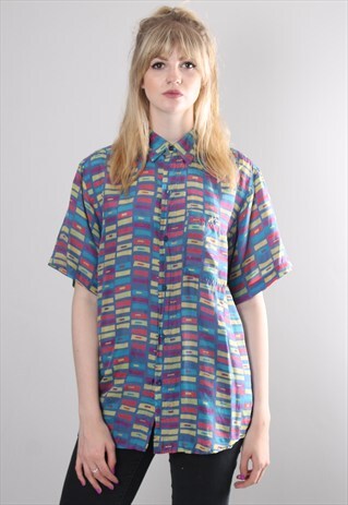 VINTAGE 80S SILK GEOMETRIC PATTERNED SHIRT BLOUSE TOP