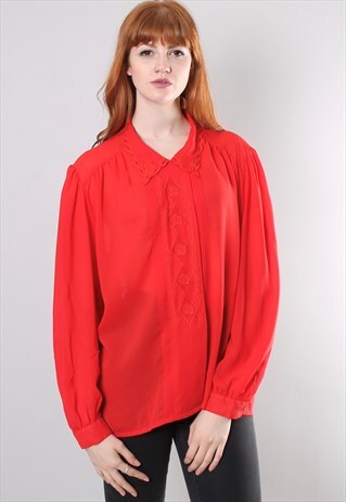 VINTAGE 80S EMBROIDERED RED PLEAT BLOUSE