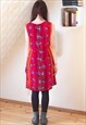 BRIGHT RED SLEEVELESS DRES WITH PURPLE FLOWERS