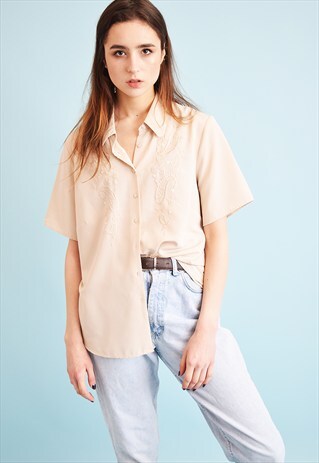 90'S RETRO OVERSIZED NEUTRAL EMBROIDERY MOMS BLOUSE TOP