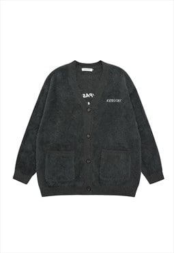 Soft fleece cardigan fluffy sweater knitted jumper in black
