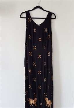 Vintage Black Leopard Motif Summer Dress, Size M