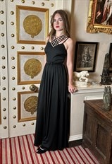 70's Vintage Studio 54 Black Sequin Slip Evening Maxi Dress