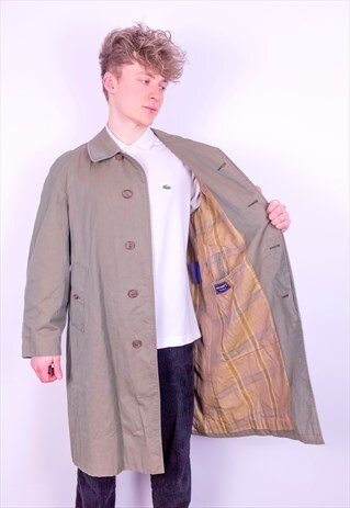 VINTAGE BURBERRY CHECK LINED TRENCH COAT JACKET IN GREEN L