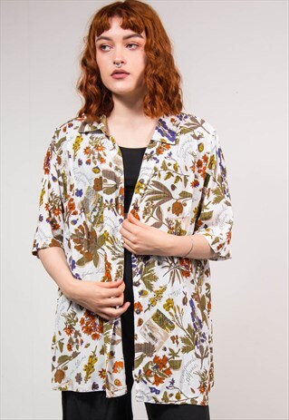 90'S VINTAGE WHITE FLORAL PATTERN SUMMER SHIRT BLOUSE