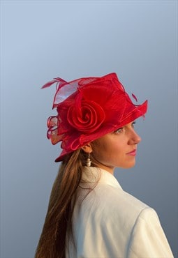 Vintage Red Occasion Wedding Ascot Hat