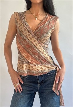 00s Orange & Cream Paisley Floral Wrap Around Tie Mesh Top