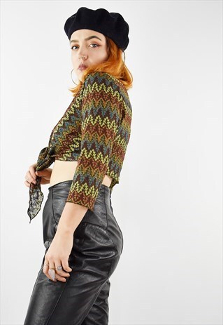 BEAUTIFUL VINTAGE 70S LONG SLEEVE PATTERNED TIE UP CROP TOP