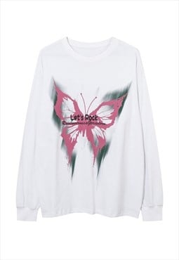 Butterfly print long sleeve t-shirt grunge top in white