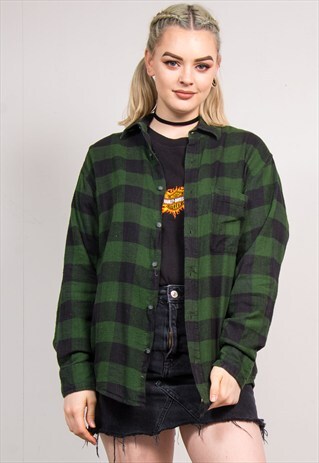 VINTAGE 90'S GREEN CHECK BOYFRIEND FLANNEL SHIRT