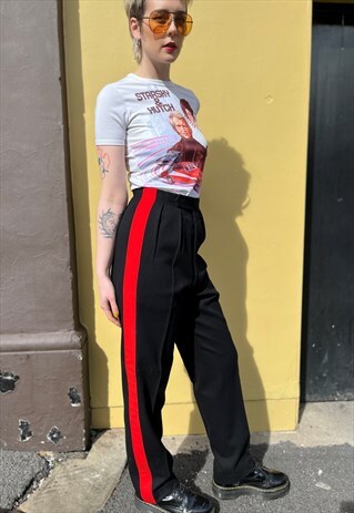 VINTAGE BLACK HEAVY WOOL TROUSERS WITH RED STRIPE
