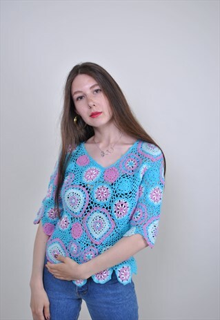 VINTAGE ABSTRACT MULTICOLOR KNITTED BLOUSE, SIZE S