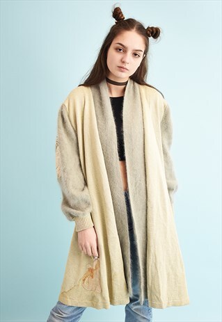 80'S RETRO EMBROIDERED FLUFFY KNIT MOMS OPEN FRONT CARDI